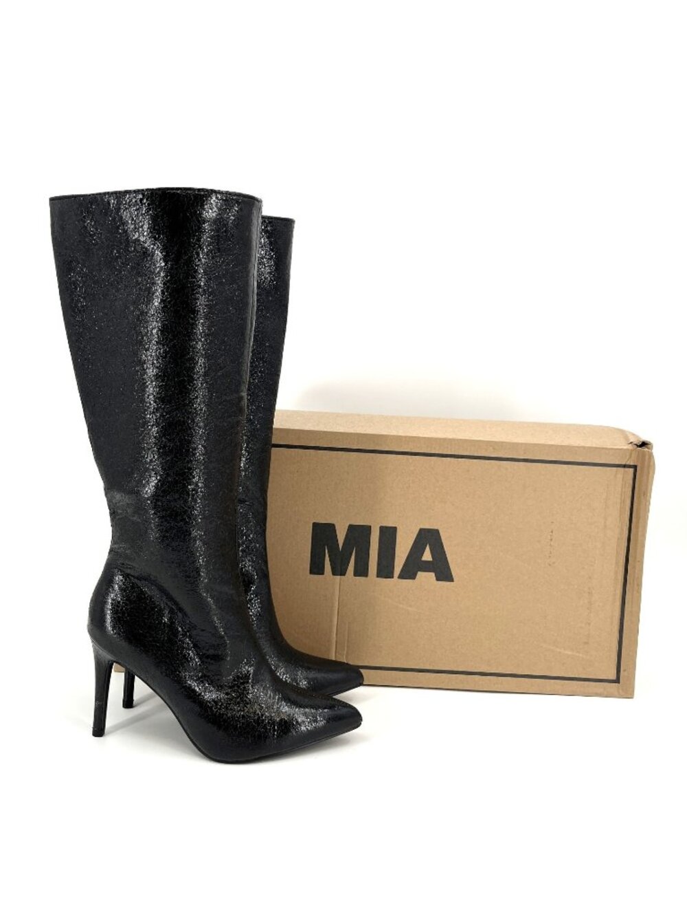 MIA Marysol Knee High Boots Black Size 6.5 M Faux Leather Stiletto Pointed Toe